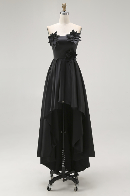 A-Line Black High Low Applique Satin Formal Dress