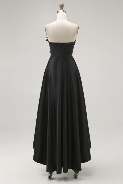 A-Line Black High Low Applique Satin Formal Dress