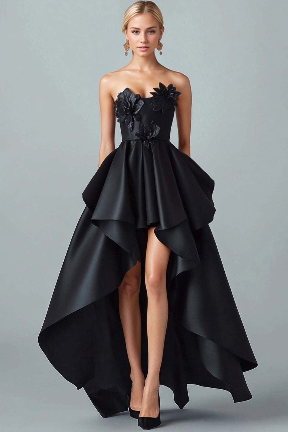 Leely Women A-Line Black Applique Satin Formal Dress High Low Strapless Evening Gala Dress