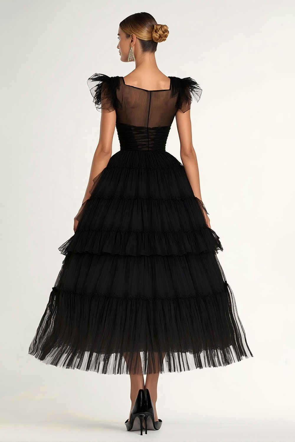 A-Line Black Mesh Tiered Formal Dress with Ruffles