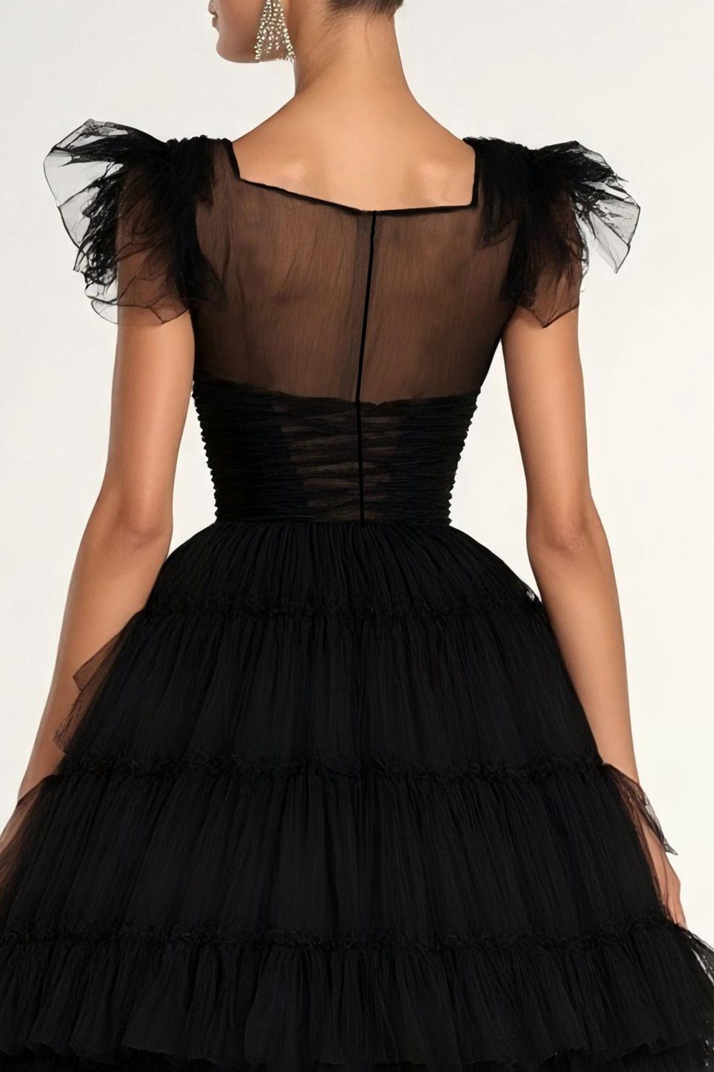 A-Line Black Mesh Tiered Formal Dress with Ruffles