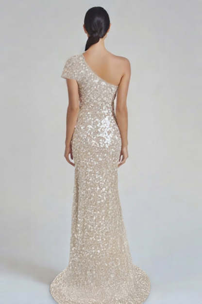 Champagne One Shoulder Plus Size Sequined Mermaid Formal Dress
