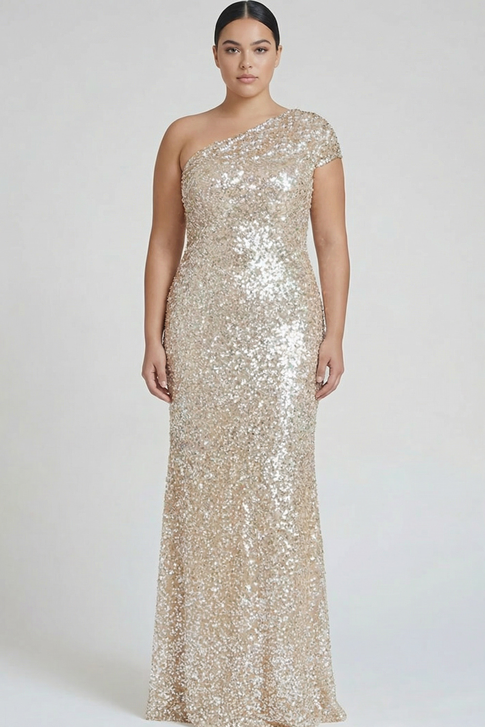 Champagne One Shoulder Sequined Mermaid Formal Dress