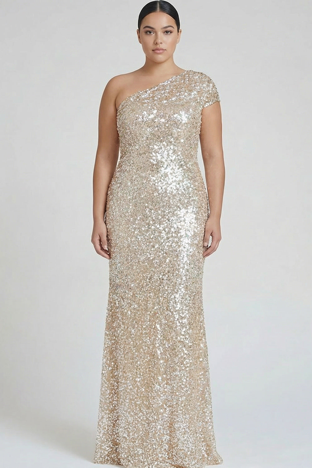 Leely Women Champagne Plus Size Sequined Mermaid Formal Dress One Shoulder Floor Length Evening Dress