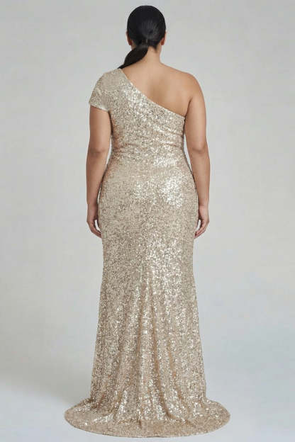 Champagne One Shoulder Plus Size Sequined Mermaid Formal Dress