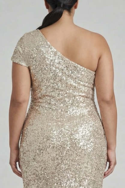 Champagne One Shoulder Plus Size Sequined Mermaid Formal Dress
