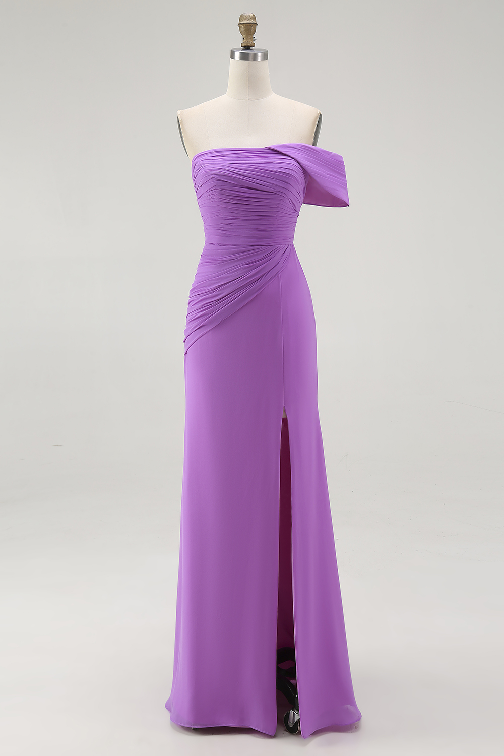 Chiffon Purple Ruched Sheath Formal Dress with Slit