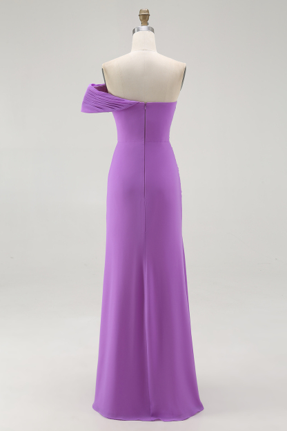 Chiffon Purple Ruched Sheath Formal Dress with Slit