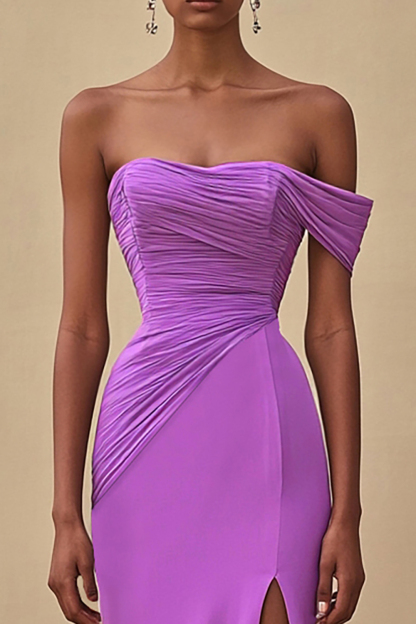 Maxi Chiffon Purple Ruched Sheath Formal Dress with Slit