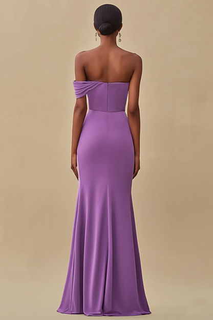 Chiffon Purple Ruched Sheath Formal Dress with Slit