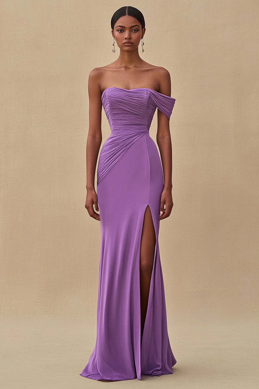Leely Women Chiffon Purple Ruched Sheath Formal Dress with Slit Off the Shoulder Floor Length Gala Dress