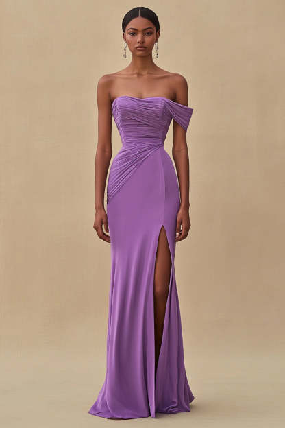 Leely Women Chiffon Purple Ruched Sheath Formal Dress with Slit Off the Shoulder Floor Length Gala Dress