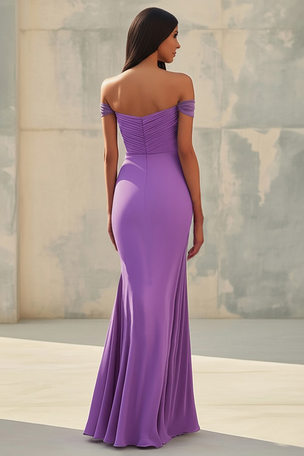 Chiffon Purple Off the Shoulder Sheath Pleated Formal Dress