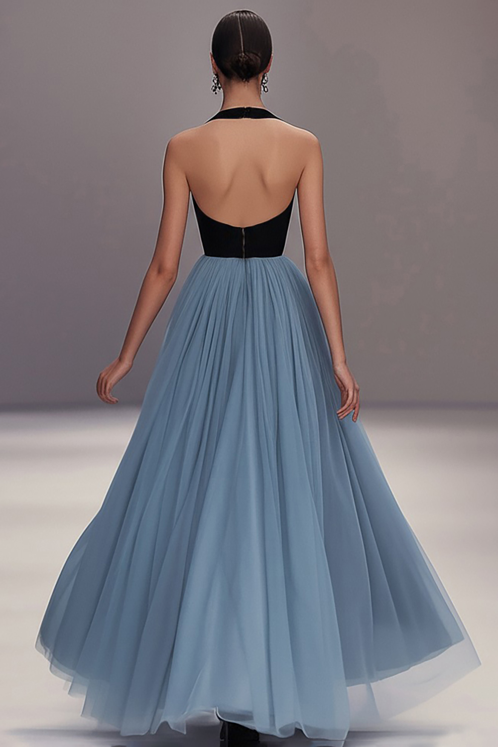 Black Blue Deep V-Neck Tulle A Line Formal Dress