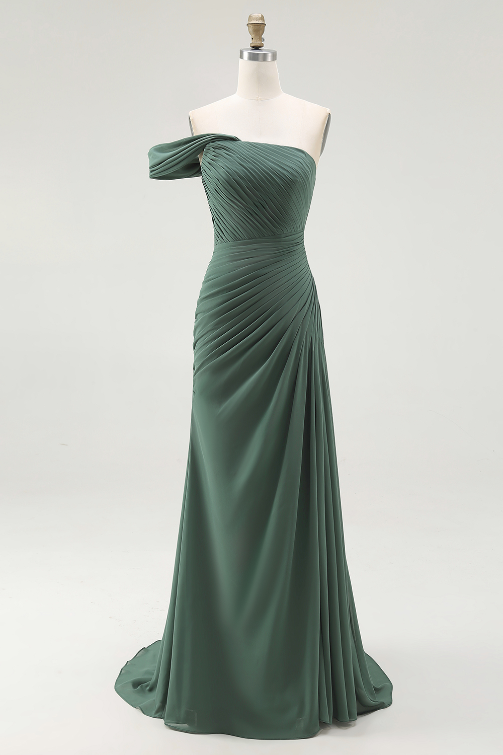 One Shoulder Dark Green Pleated Sheath Maxi Formal Dress