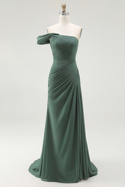 One Shoulder Dark Green Pleated Sheath Maxi Formal Dress