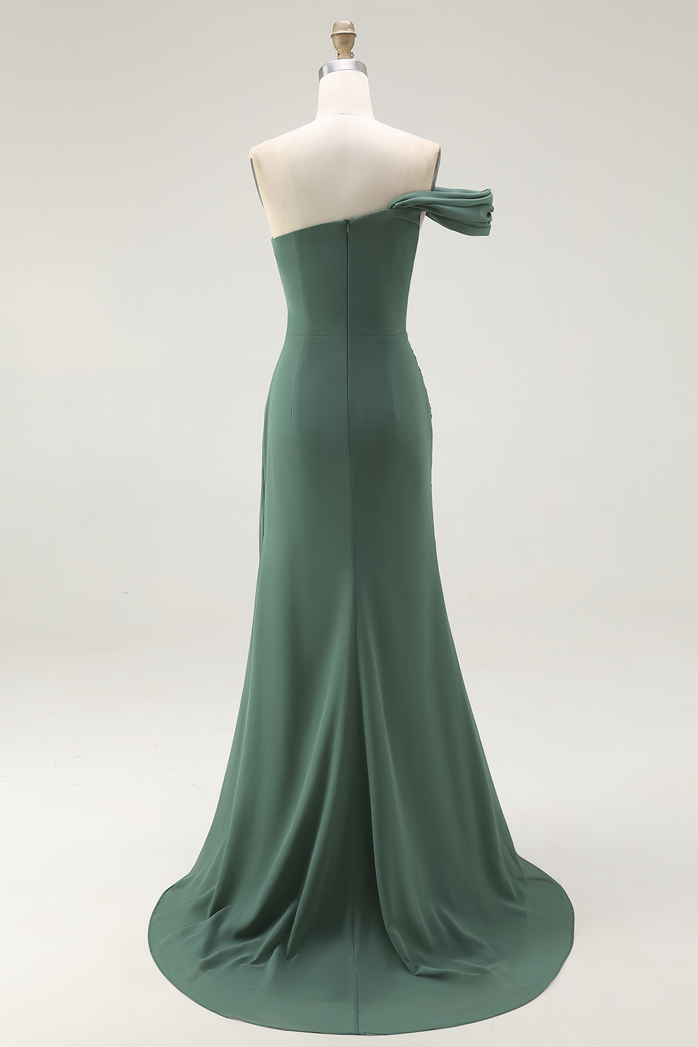 One Shoulder Dark Green Pleated Sheath Maxi Formal Dress