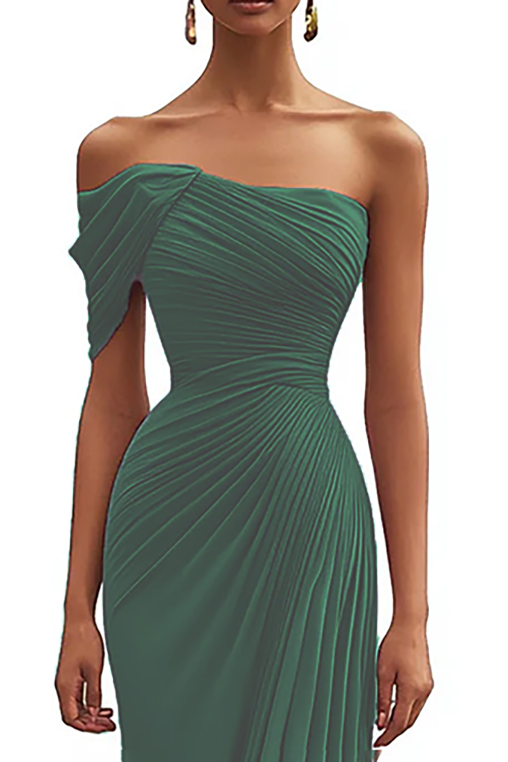 One Shoulder Dark Green Pleated Sheath Maxi Formal Dress