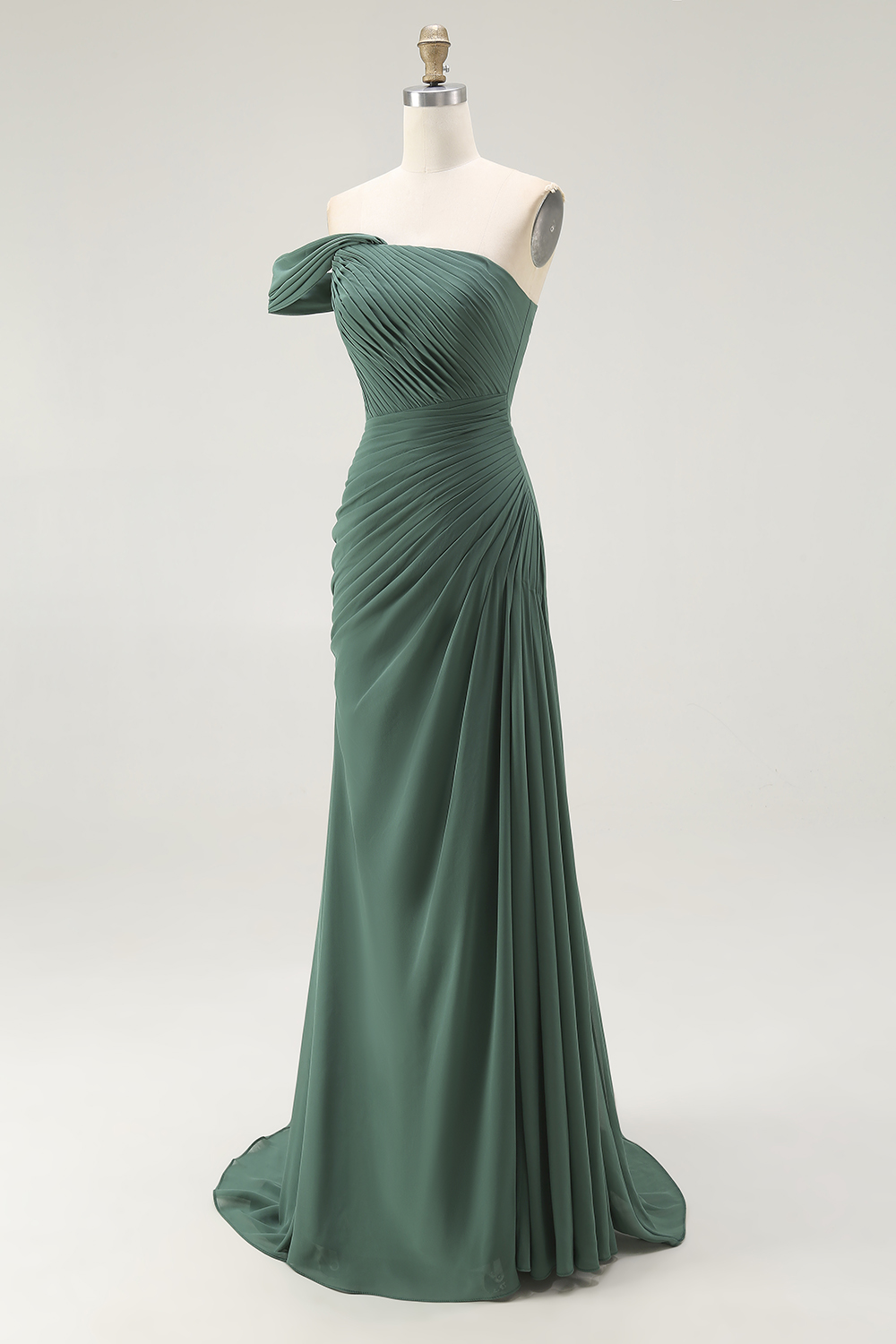 Dark Green Pleated One Shoulder Sheath Maxi Formal Dress