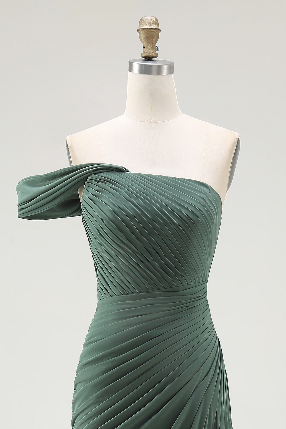 Dark Green Pleated One Shoulder Sheath Maxi Formal Dress
