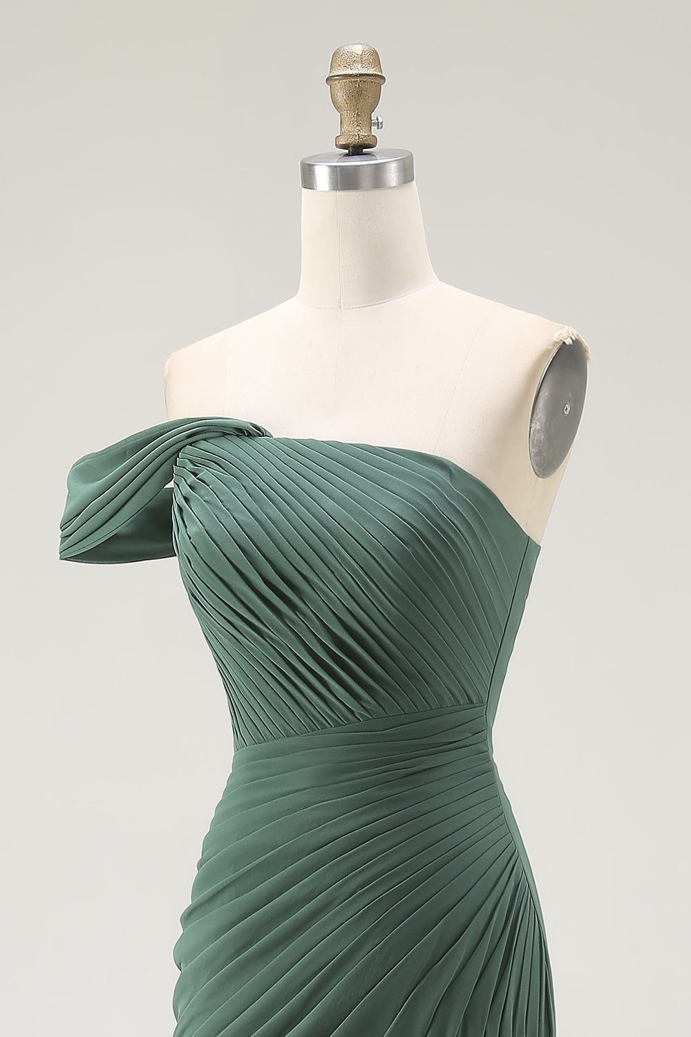 Dark Green Pleated One Shoulder Sheath Maxi Formal Dress