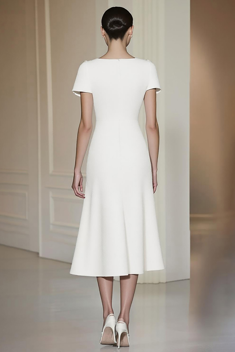 White Short Sleeves Tea Length A-Line Formal Dress