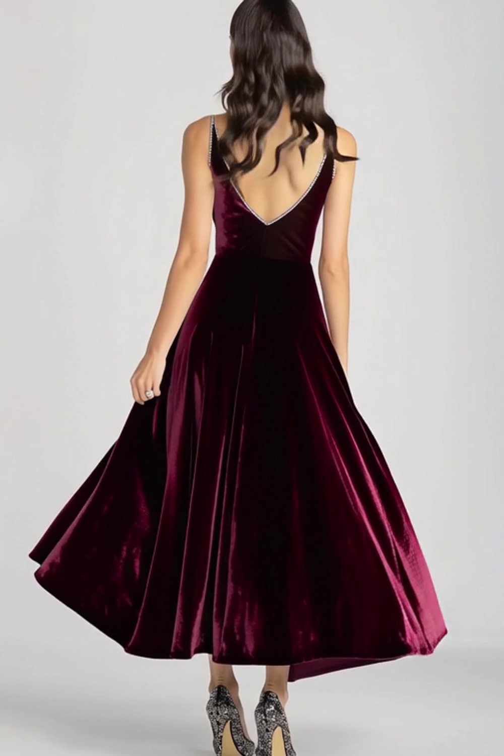 Burgundy V-Neck Velvet A Line Formal Dress