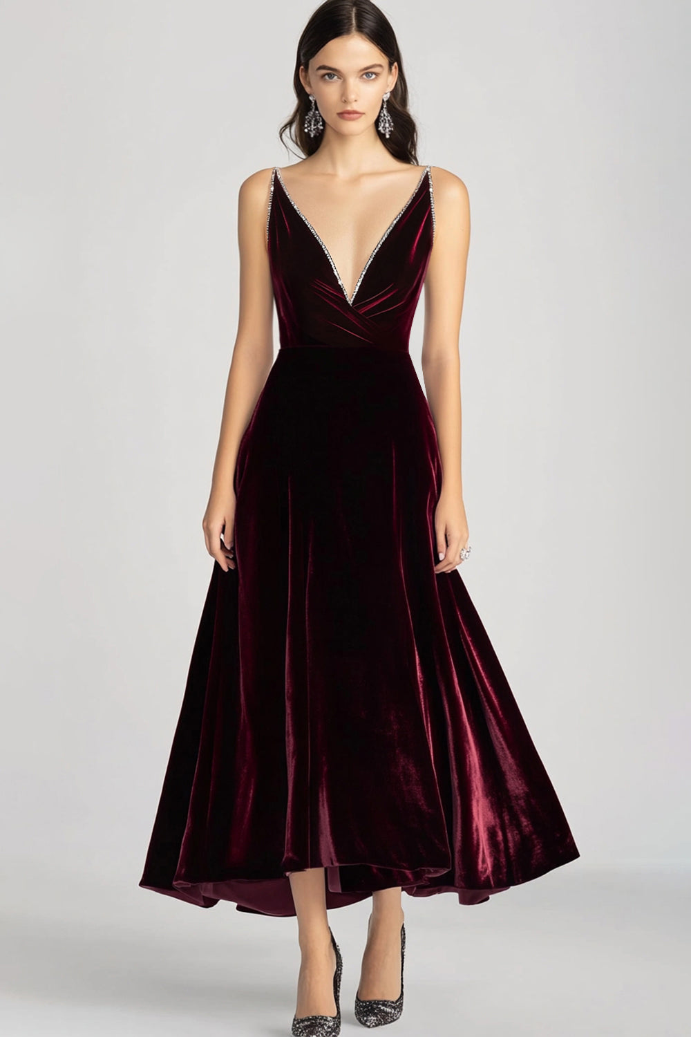 Leely Women Burgundy V-Neck Velvet A Line Formal Dress Tea Length Evening Gala Dress