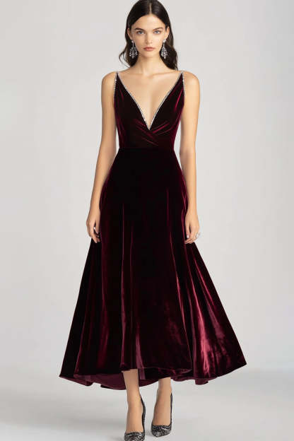 Leely Women Burgundy V-Neck Velvet A Line Formal Dress Tea Length Evening Gala Dress