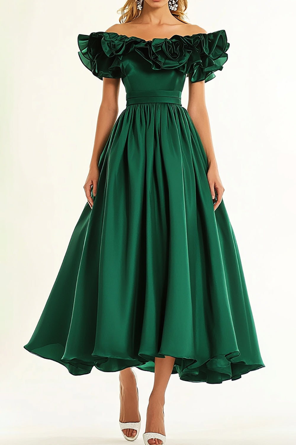 Leely Women Dark Green Off the Shoulder Ruffled A Line Formal Dress Tea Length Satin Evening Gala Dress