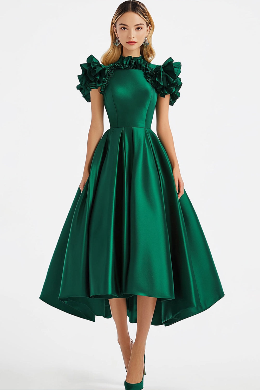 Leely Women Dark Green Ruffled A Line Formal Dress Tea Length Satin Evening Gala Dress