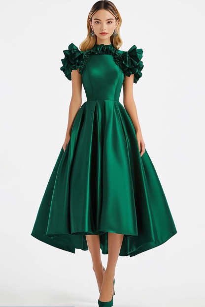 Leely Women Dark Green Ruffled A Line Formal Dress Tea Length Satin Evening Gala Dress