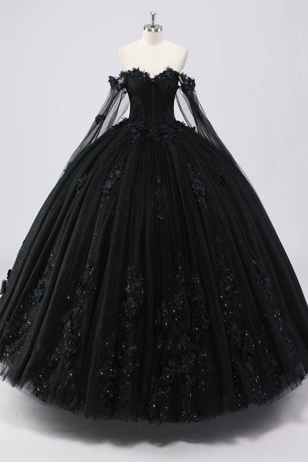 Leely Women Glitter Black Ball Gown Corset Sweetheart 3D Flowers Long Sleeves Quinceañera Dress