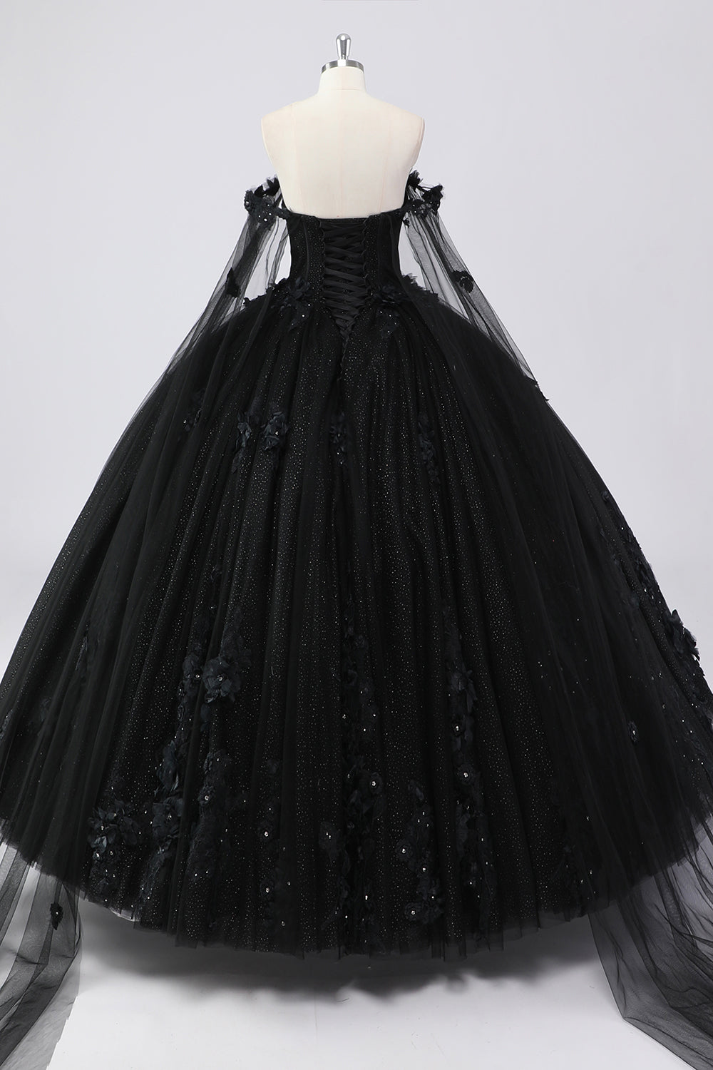 Glitter Black Ball Gown Corset Sweetheart 3D Flowers Quinceañera Dress