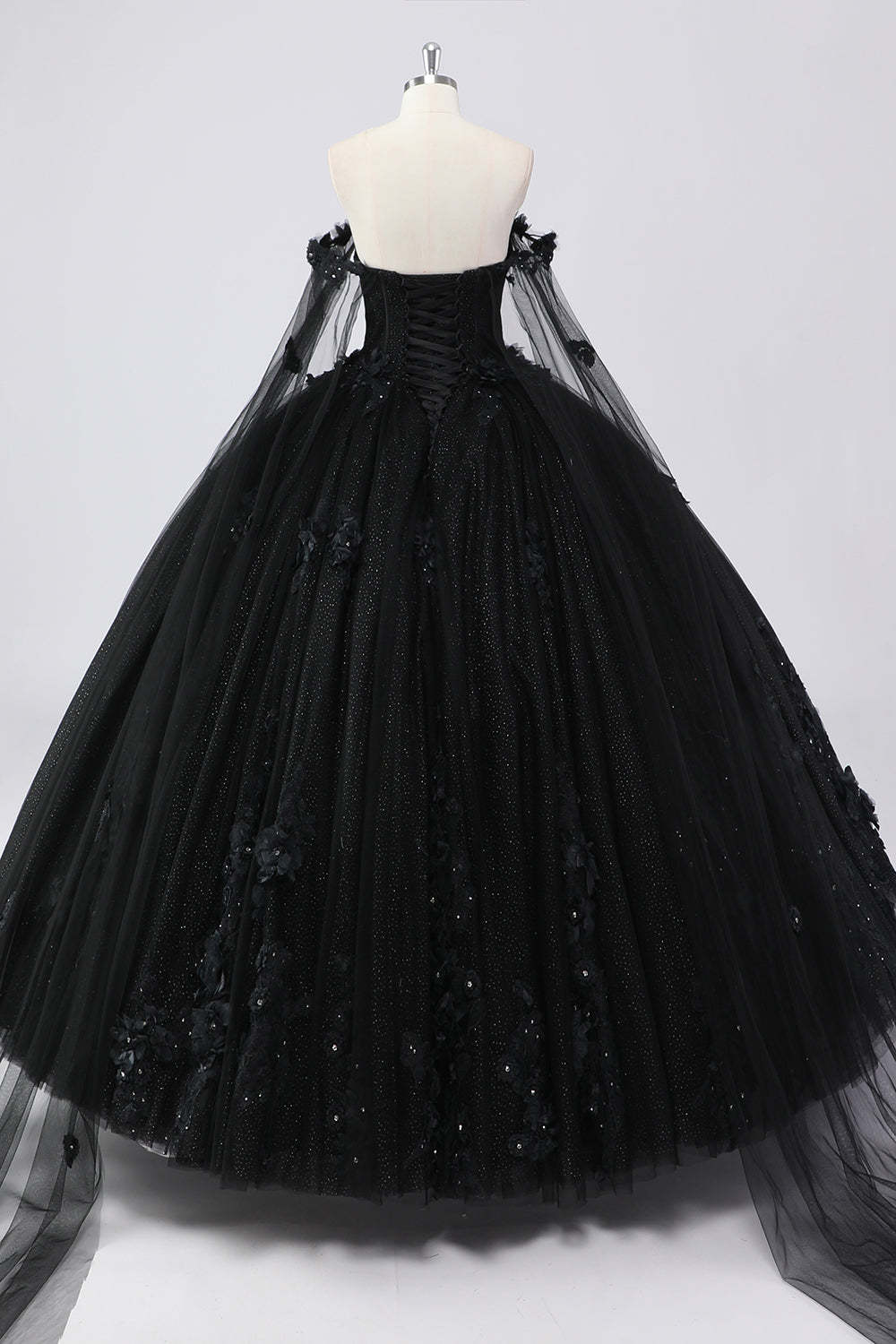 Glitter Black Ball Gown Corset Sweetheart 3D Flowers Quinceañera Dress