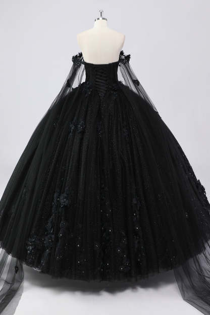 Glitter Black Ball Gown Corset Sweetheart 3D Flowers Quinceañera Dress