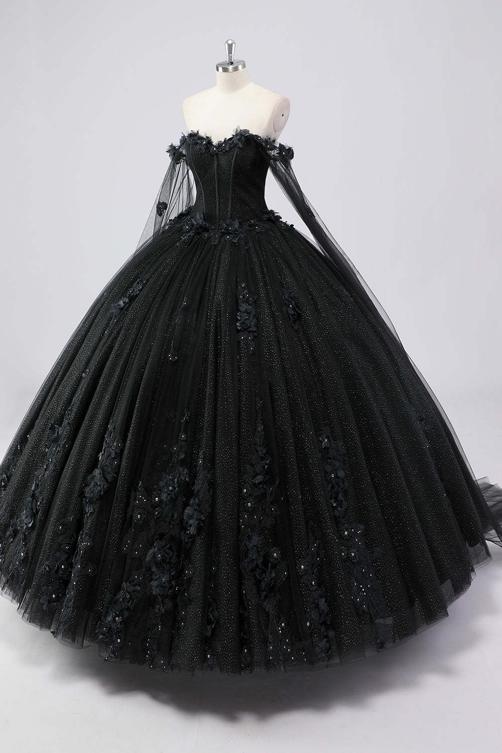 Glitter Black Ball Gown Corset Sweetheart 3D Flowers Quinceañera Dress