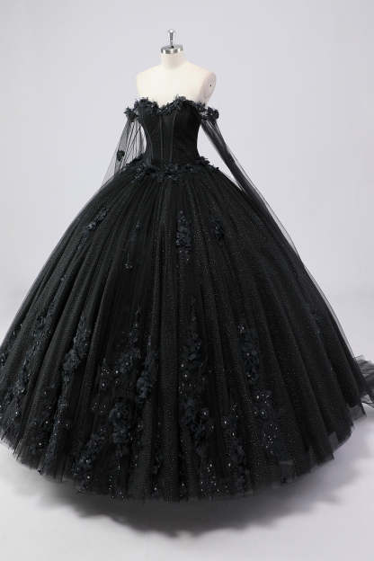 Glitter Black Ball Gown Corset Sweetheart 3D Flowers Quinceañera Dress