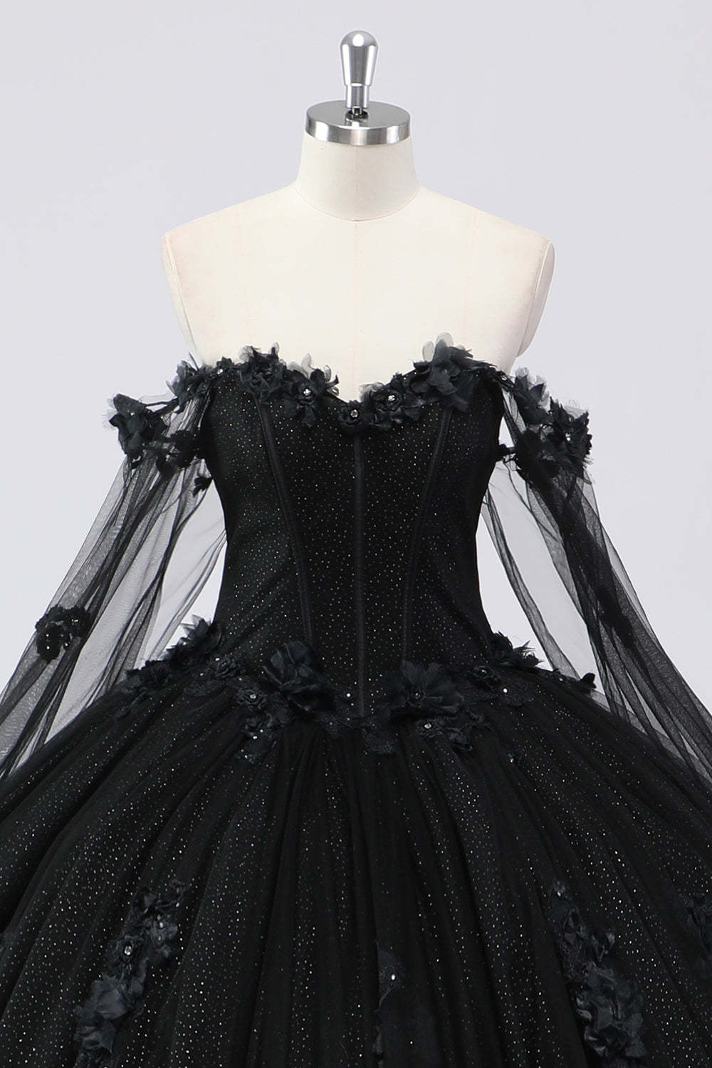 Glitter Black Ball Gown Corset Sweetheart 3D Flowers Quinceañera Dress