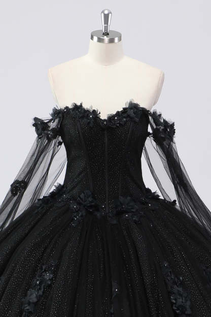 Glitter Black Ball Gown Corset Sweetheart 3D Flowers Quinceañera Dress