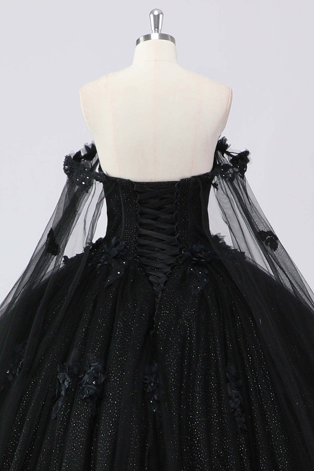 Glitter Black Ball Gown Corset Sweetheart 3D Flowers Quinceañera Dress