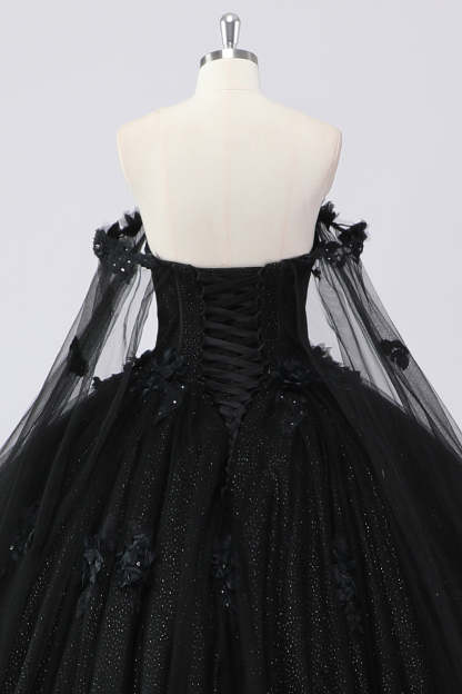 Glitter Black Ball Gown Corset Sweetheart 3D Flowers Quinceañera Dress