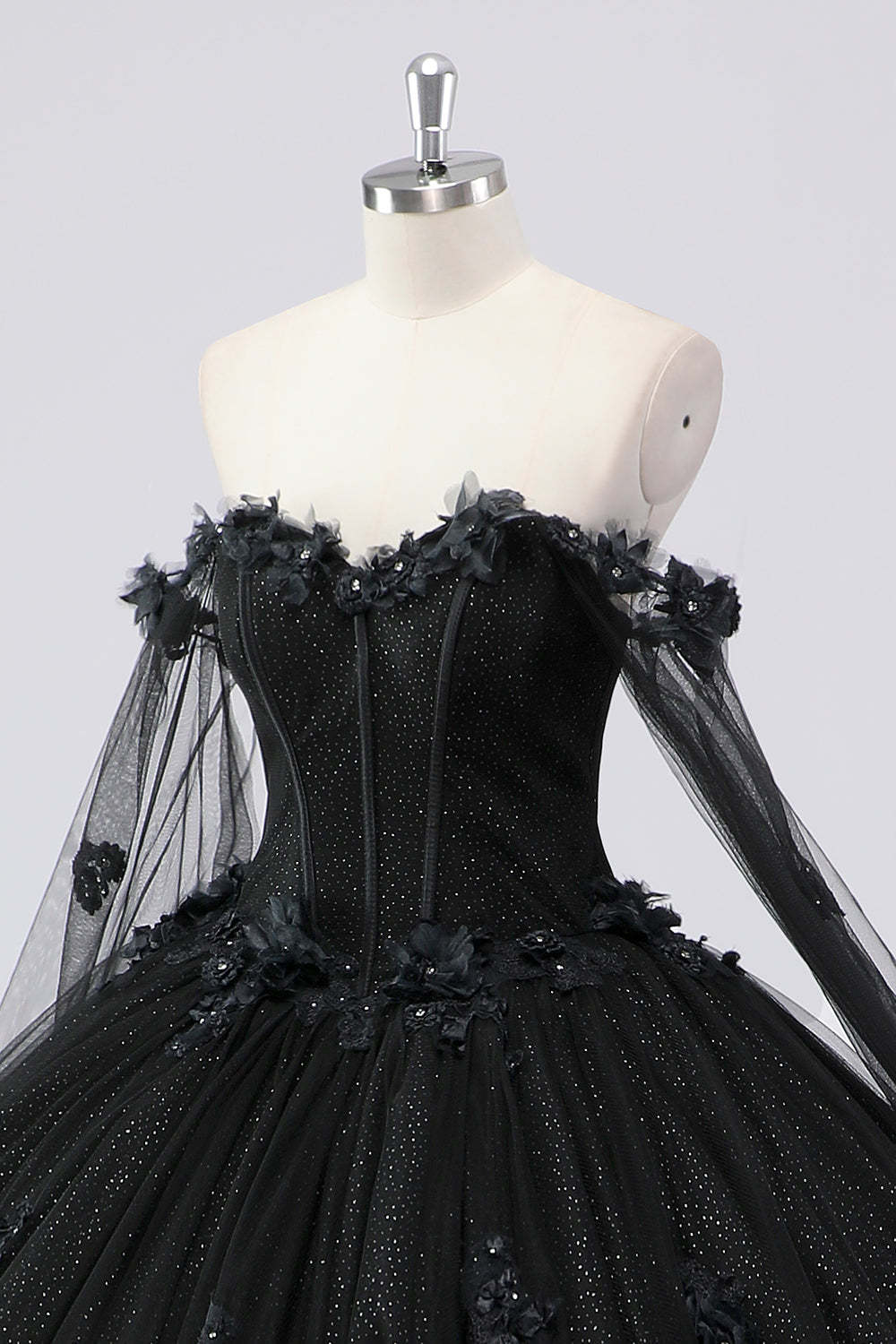 Glitter Black Ball Gown Corset Sweetheart 3D Flowers Quinceañera Dress