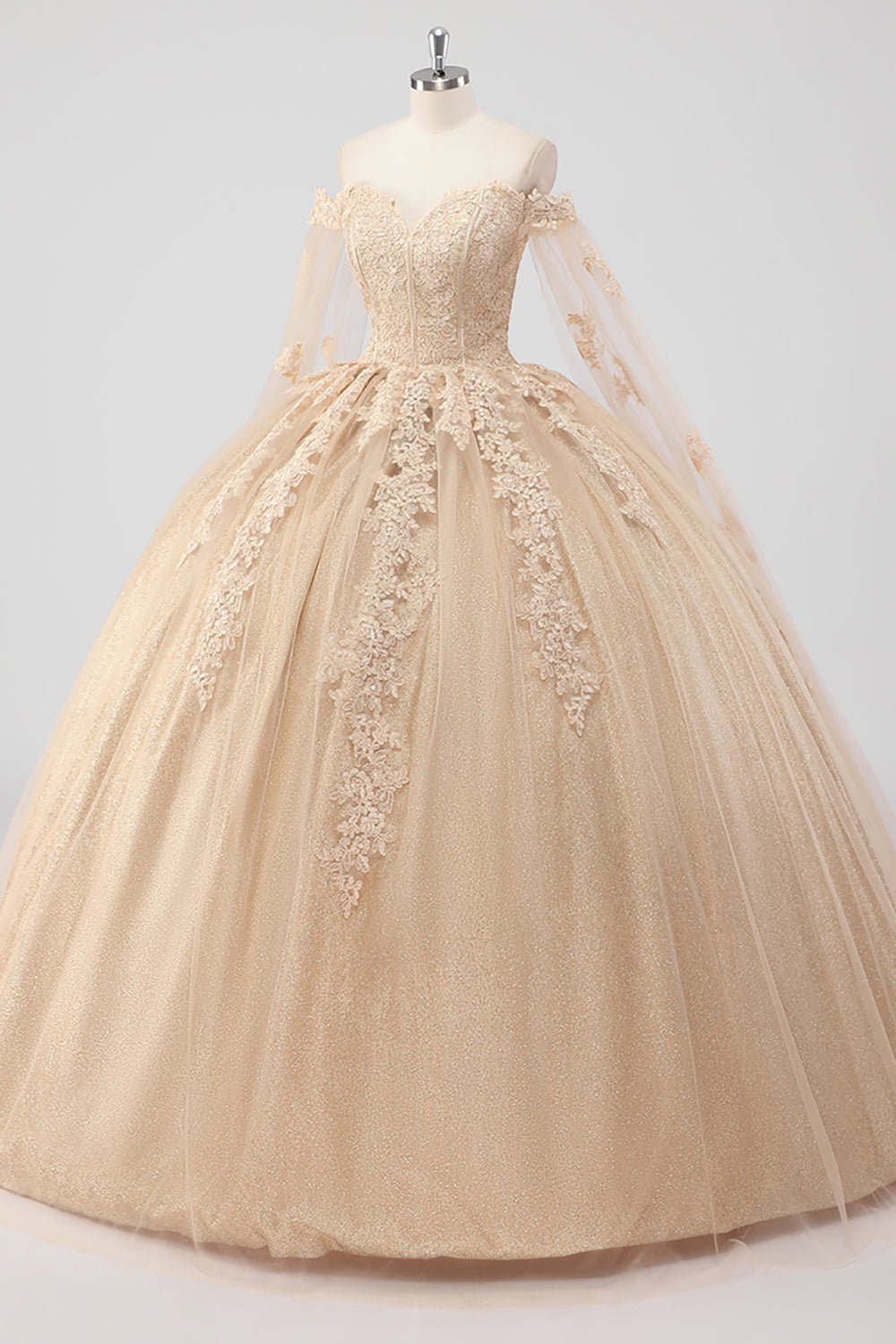 Princess Champagne Off the Shoulder Tulle Quinceanera Dress with Appliques