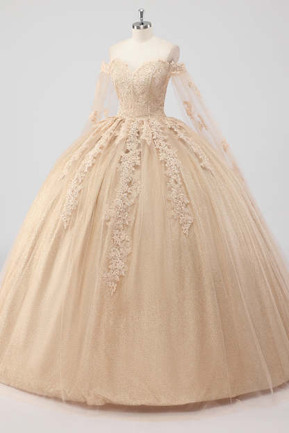 Princess Champagne Off the Shoulder Tulle Quinceanera Dress with Appliques