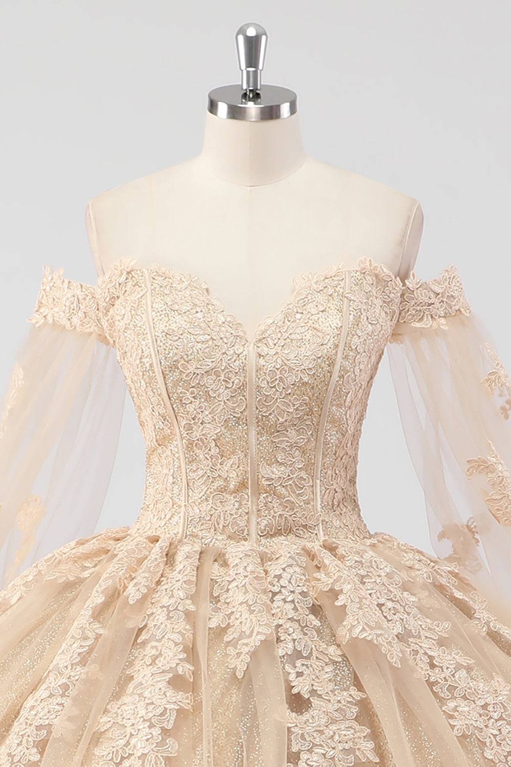 Princess Champagne Off the Shoulder Tulle Quinceanera Dress with Appliques