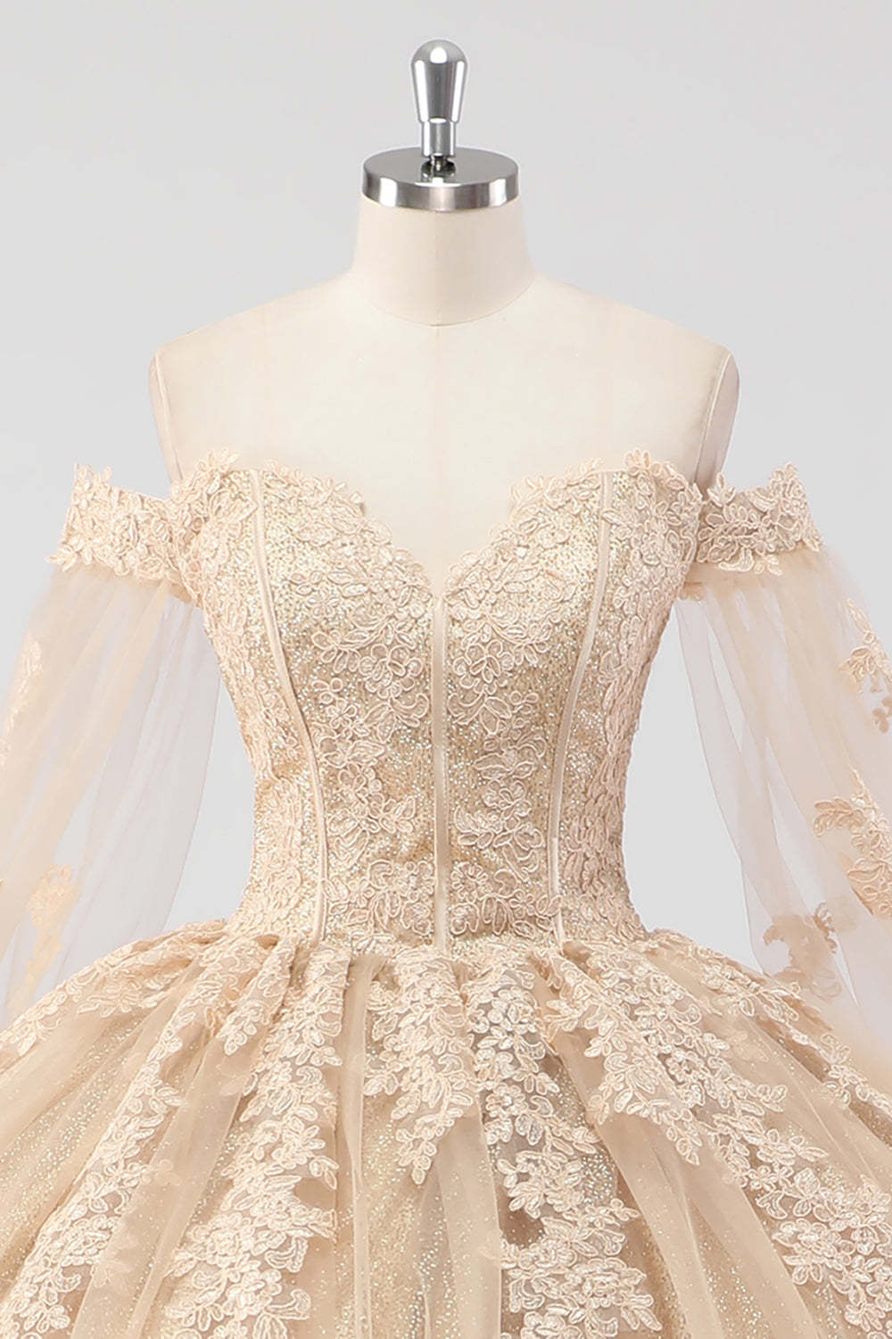 Princess Champagne Off the Shoulder Tulle Quinceanera Dress with Appliques