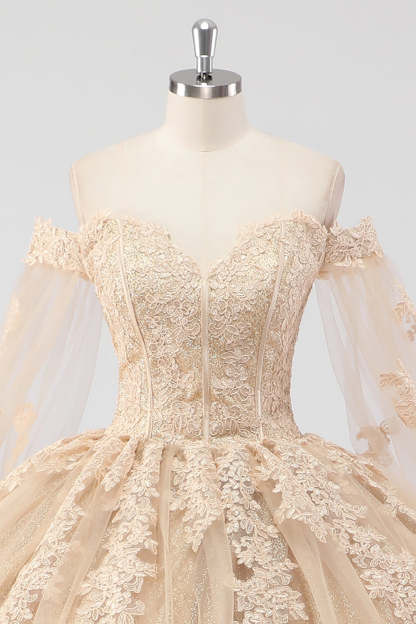 Princess Champagne Off the Shoulder Tulle Quinceanera Dress with Appliques