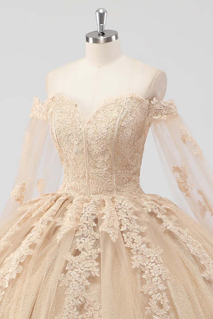 Princess Champagne Off the Shoulder Tulle Quinceanera Dress with Appliques