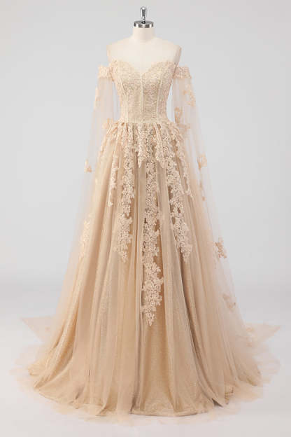 Princess Champagne Off the Shoulder Tulle Quinceanera Dress with Appliques